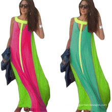 Women Summer Casual Color Block Long Party Dresses Robe Longue (50566-1)